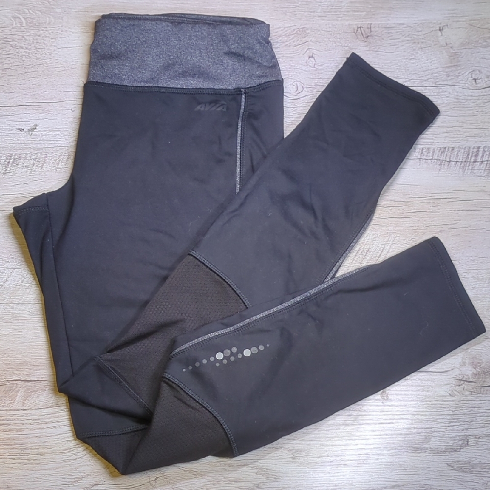 Avia Black and Gray Performance Leggings with Mesh Panels